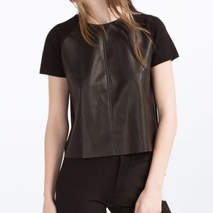 zara faux-leather short sleeve tee